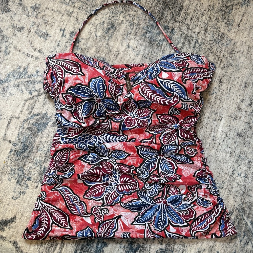 Tommy Bahama Pearl Halter Tankini Top Floral Ruched Swimwear Red Blue Size M